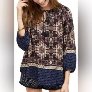 Anthropologie 11 1 Tylho Kay Geometric floral smocked peasant top -Multi Col - L